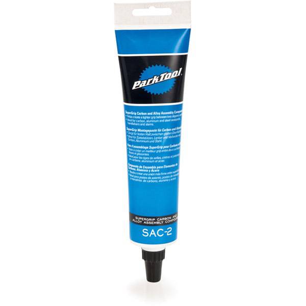 Park Tool SAC-2 Supergrip Carbon & Alloy Assembly Compound for bike components, shown in a workshop setting.
