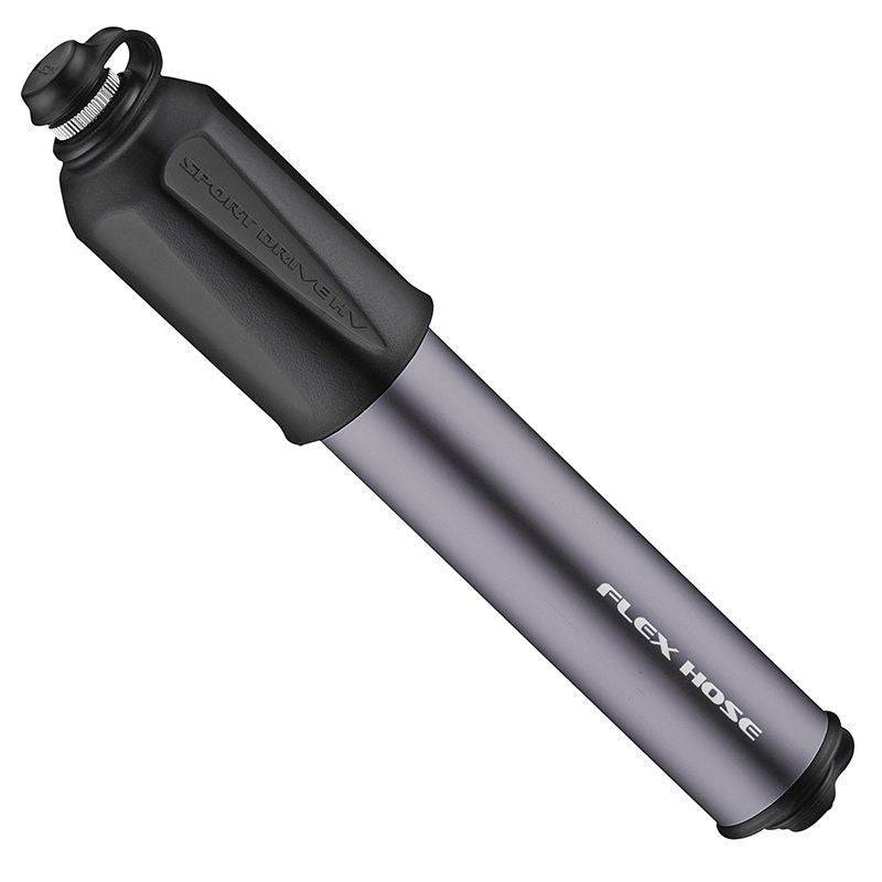 Lezyne Sport Drive HV-S grey high volume bike pump with flex hose and frame mount for easy inflation.