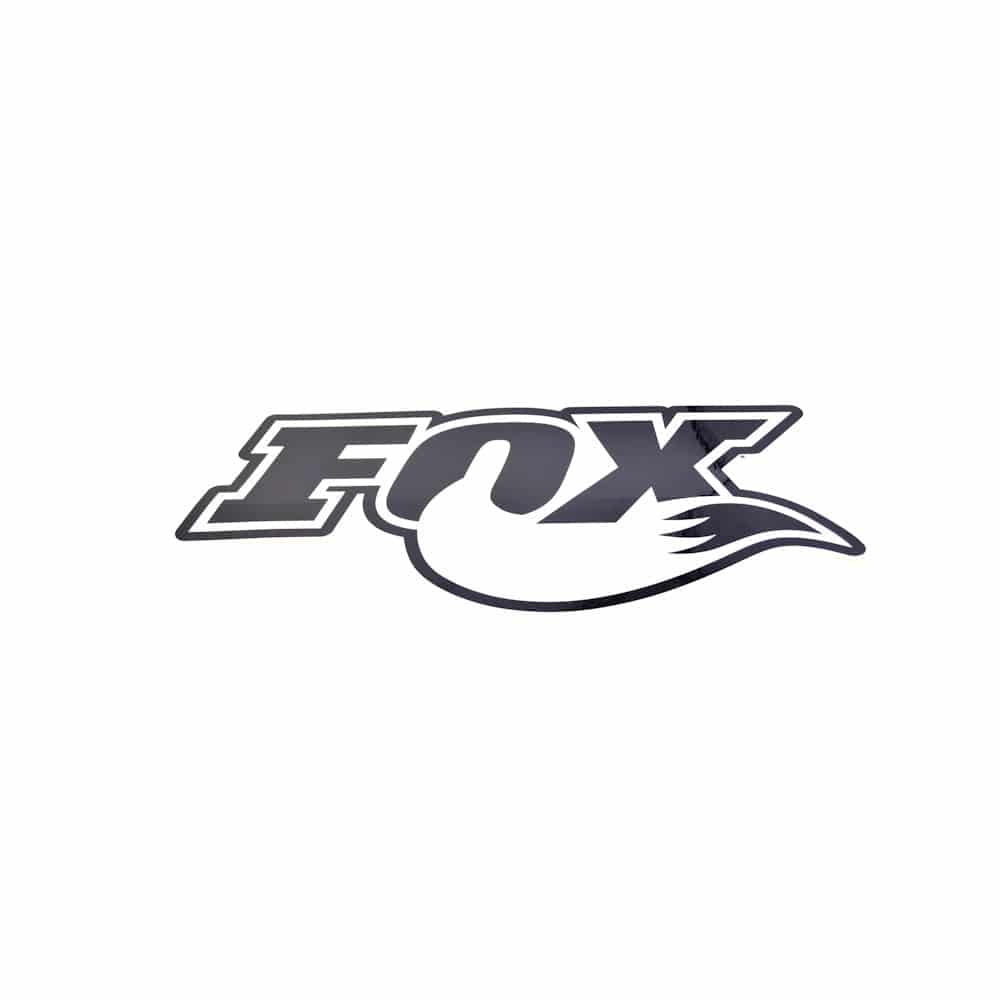 Black and white Fox bike decal sticker, durable weather-resistant component for bikes, featuring the Fox logo design.
