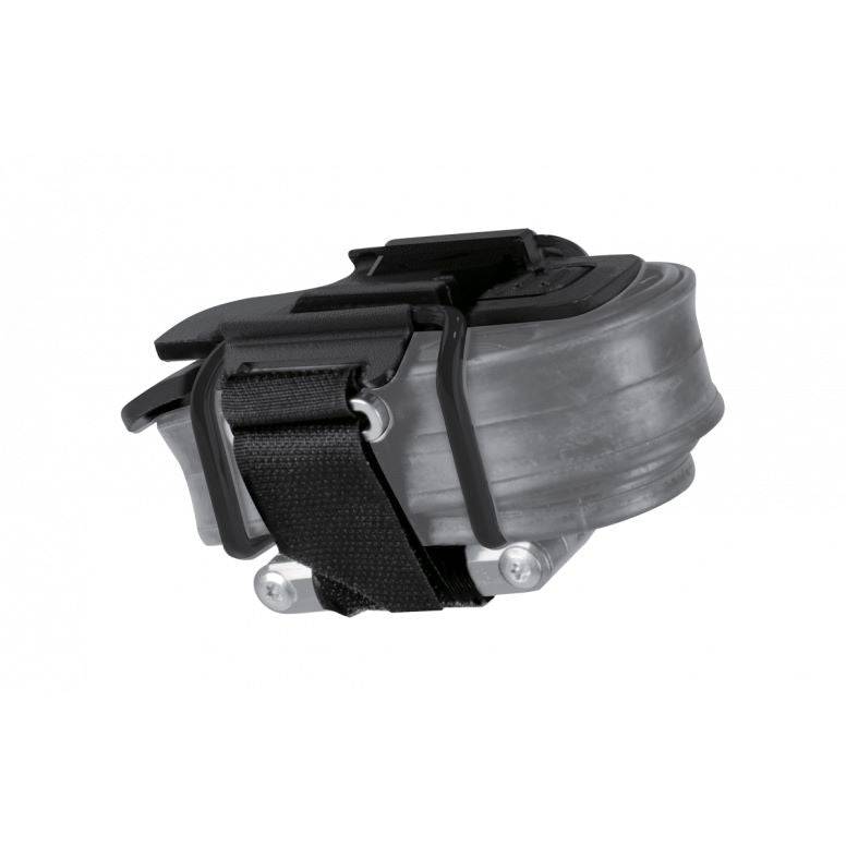 Topeak Free Pack Duo Fixer bike saddle bag with mounting straps and tyre levers in black, designed for cycling accessories.