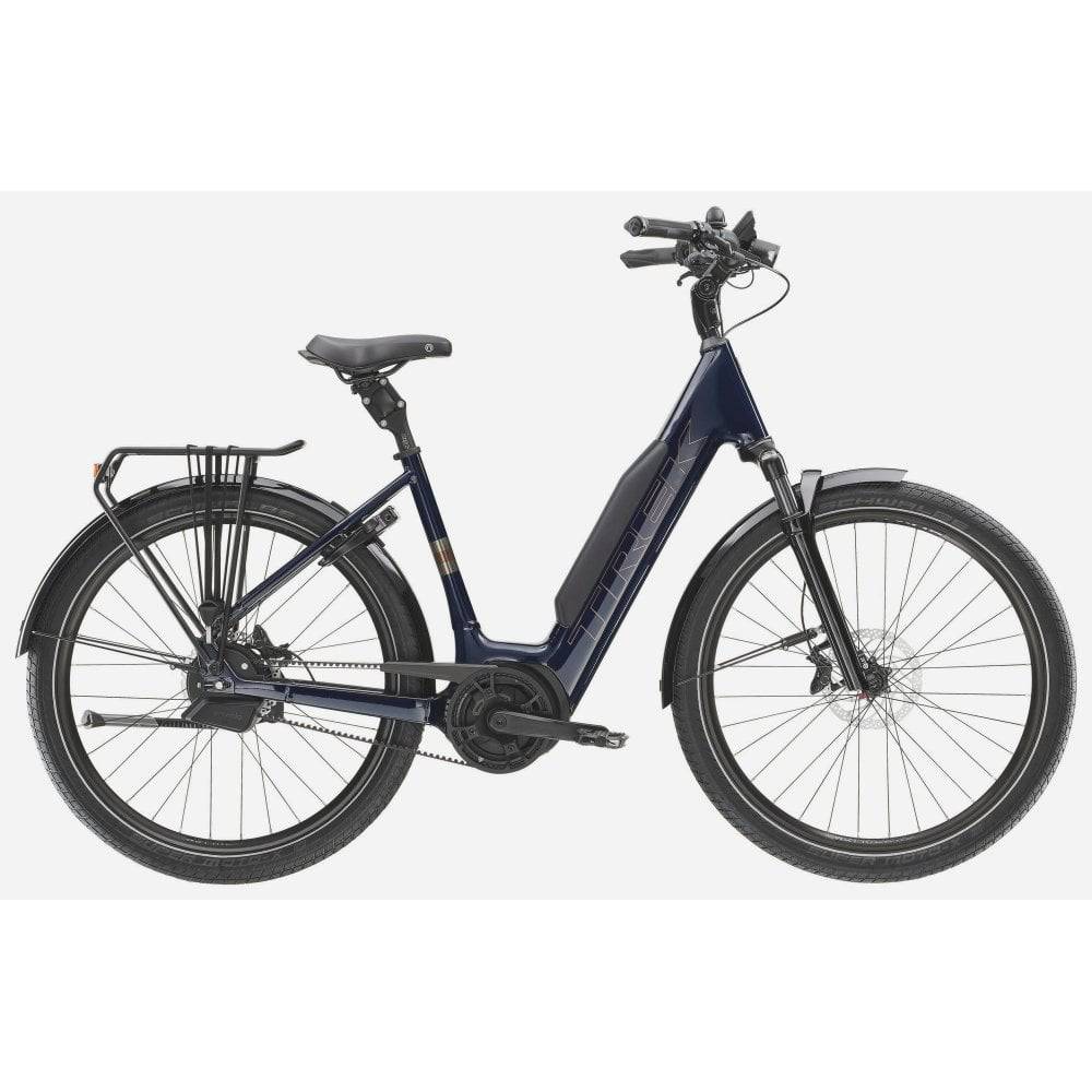 Trek District+ 5 Lowstep 2025 urban commuter e-hybrid bike with step-through frame and electric assist for city riding.