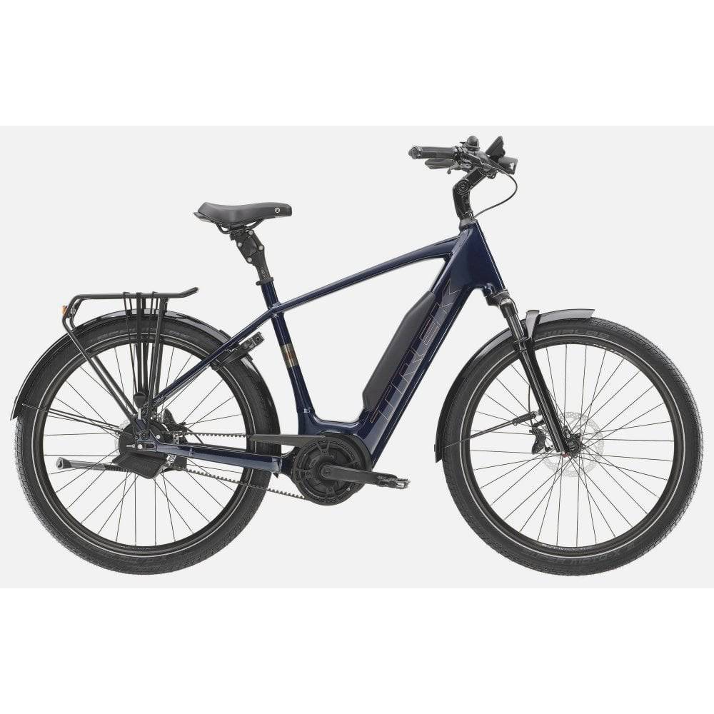 Trek District+ 5 2025 electric hybrid bike for urban commuting and recreation, featuring a sleek frame and advanced e-bike components.