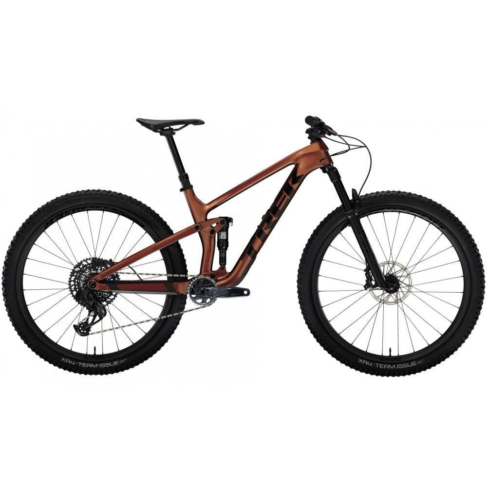 Trek Top Fuel 9.8 GX AXS Carbon Trail Mountain Bike with full suspension and SRAM GX Eagle wireless drivetrain, ready for off-road riding.