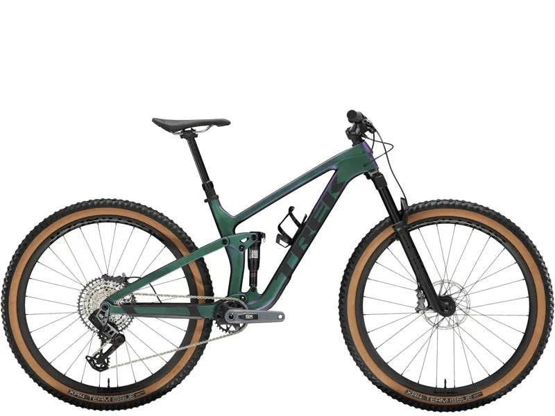 Trek Top Fuel 9.8 GX AXS Gen 4 carbon trail mountain bike with SRAM GX Eagle wireless drivetrain and emerald iris color.