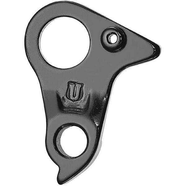 Black alloy gear hanger for bikes by M Part, durable frame protector, shown attached to a bicycle frame.