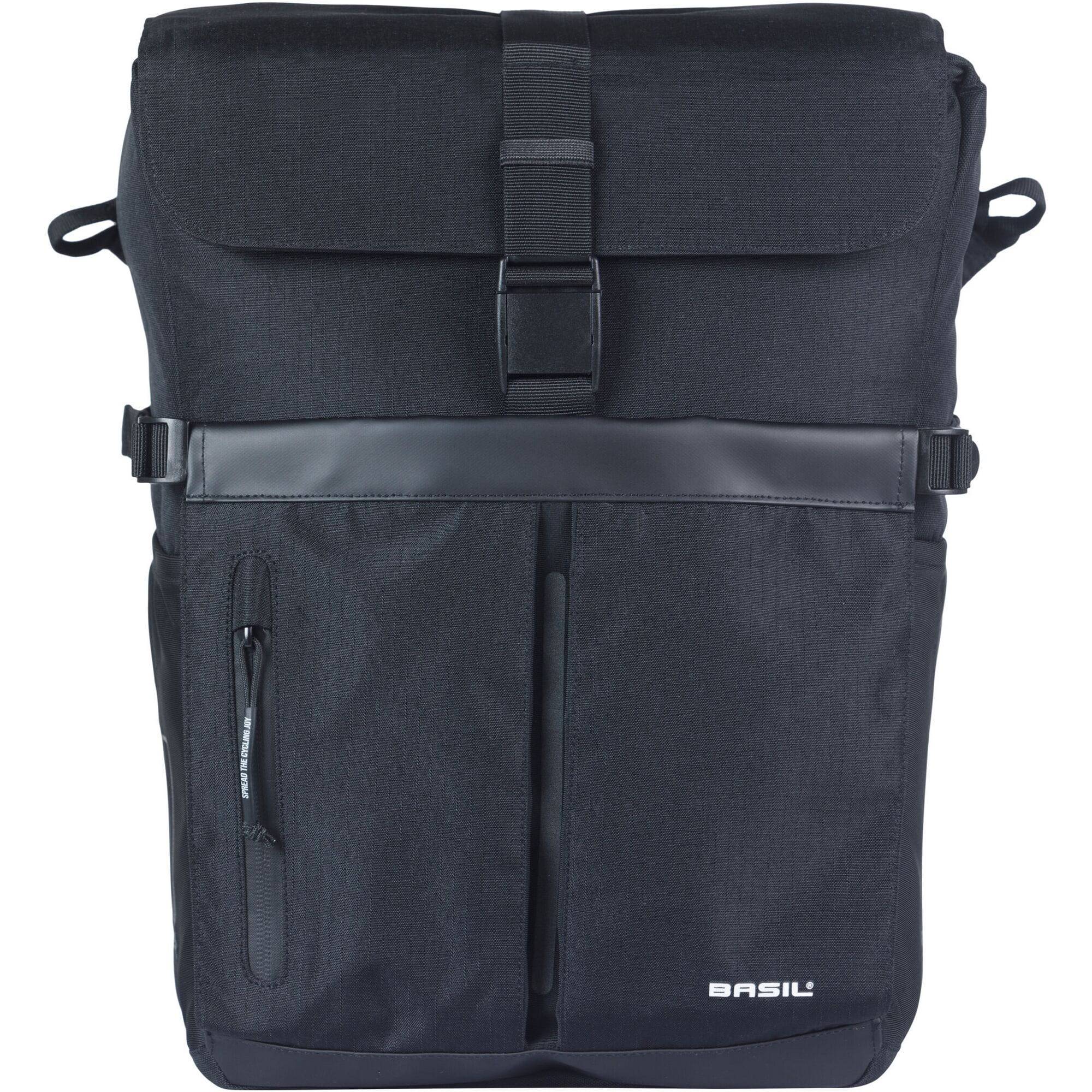 Black Basil Move Commuter Bicycle Bag with 15L capacity, laptop compartment, rain cover, and MIK studs for secure attachment.