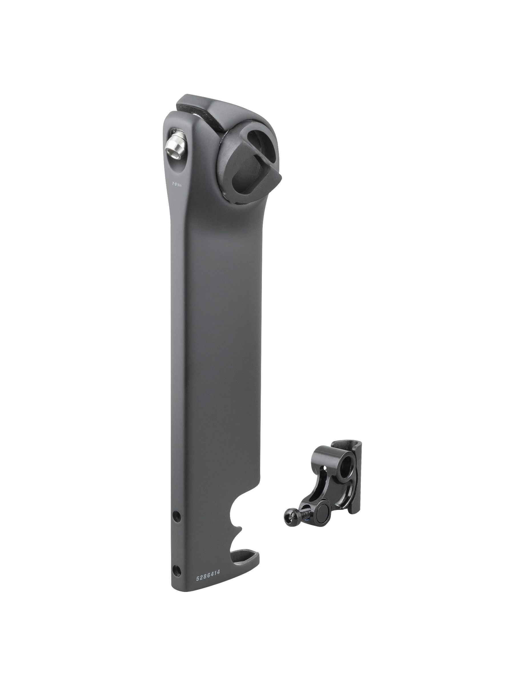 Trek seatpost for 2023 Madone SLR Gen 7 V2 road bike, adjustable fit, close-up of black component with branding details.