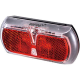Infini Apollo rear bike light with three modes, AA battery powered, water-resistant, mounted on bike for visibility and safety.