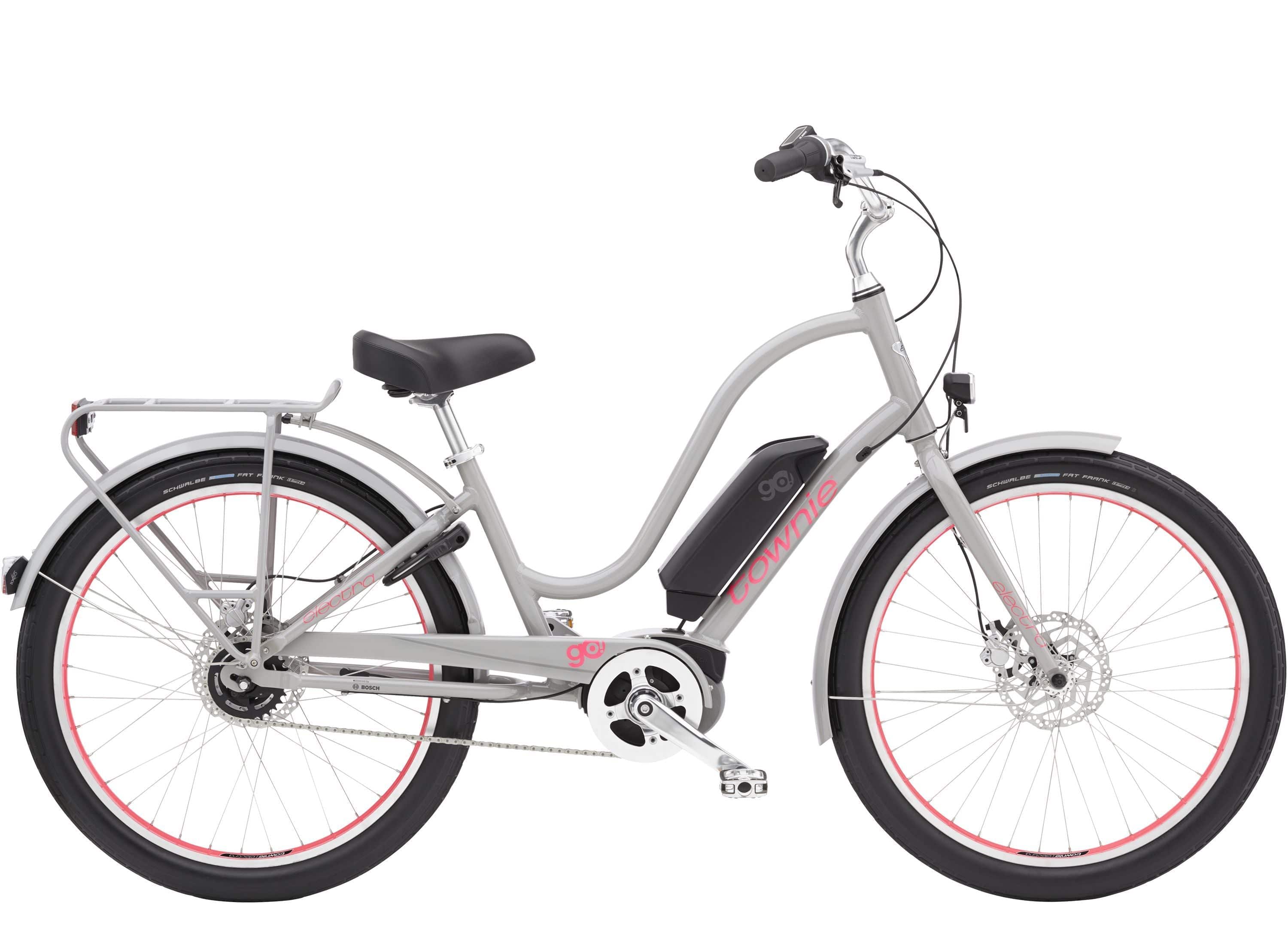Electra Townie Go! 5i EQ step-thru electric hybrid bike with Bosch Active Line Plus motor, shown with frame and handlebars.