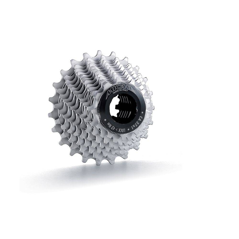 Miche Primato 11X Campagnolo 11-speed road bike cassette with 11-29t gear range, shown on a bicycle component.