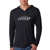 Gray MRP unisex long sleeve hoodie jersey casual top with tri-blend fabric and relaxed fit, perfect for everyday wear.