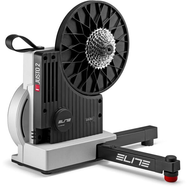 Elite Justo 2 Direct Drive FE-C magnetic trainer with OTS Power and Wi-Fi connectivity, featuring a sturdy frame and digital display.