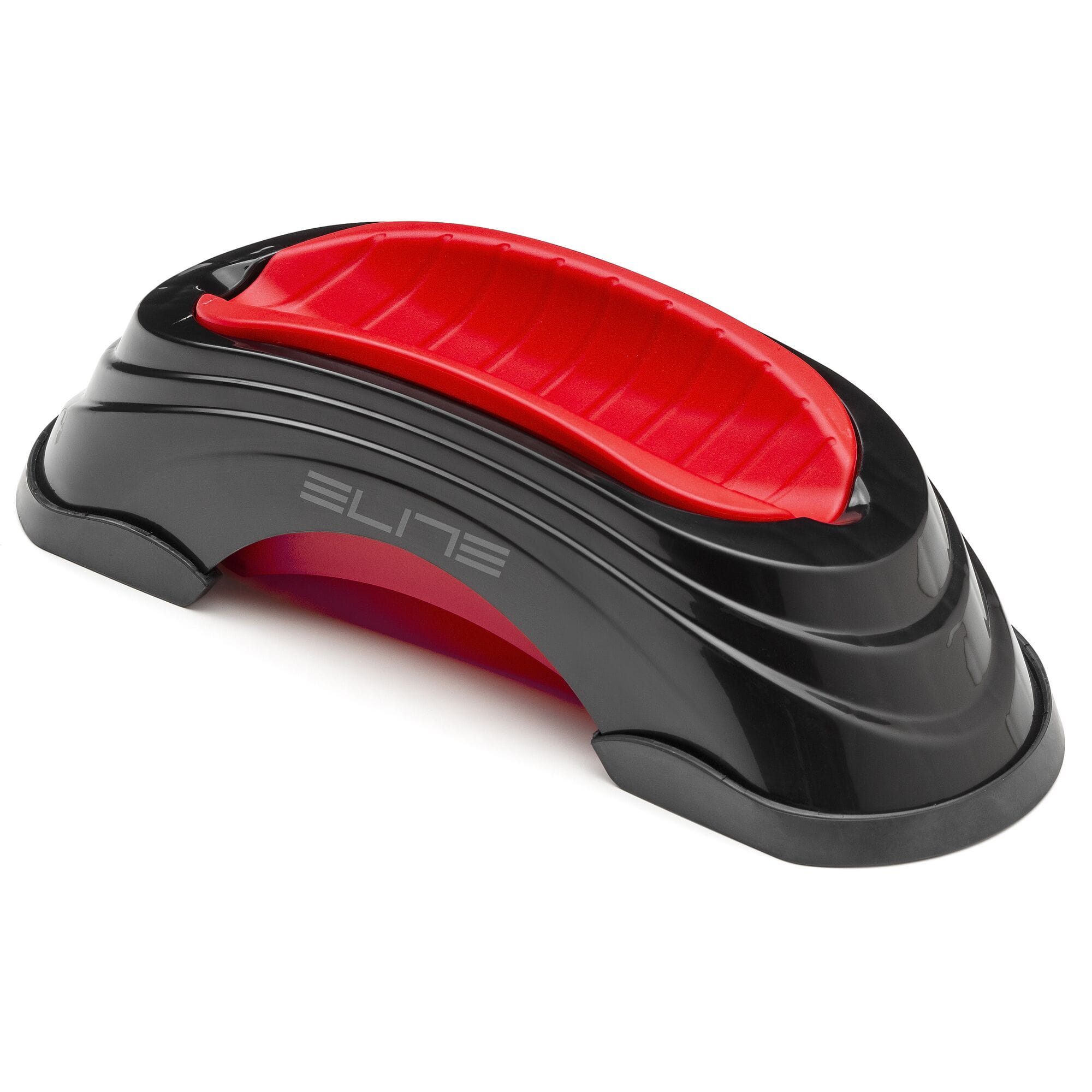 Elite Su-Sta adjustable front wheel elevator block for indoor cycling trainer support, showing the sturdy, compact accessory in use.