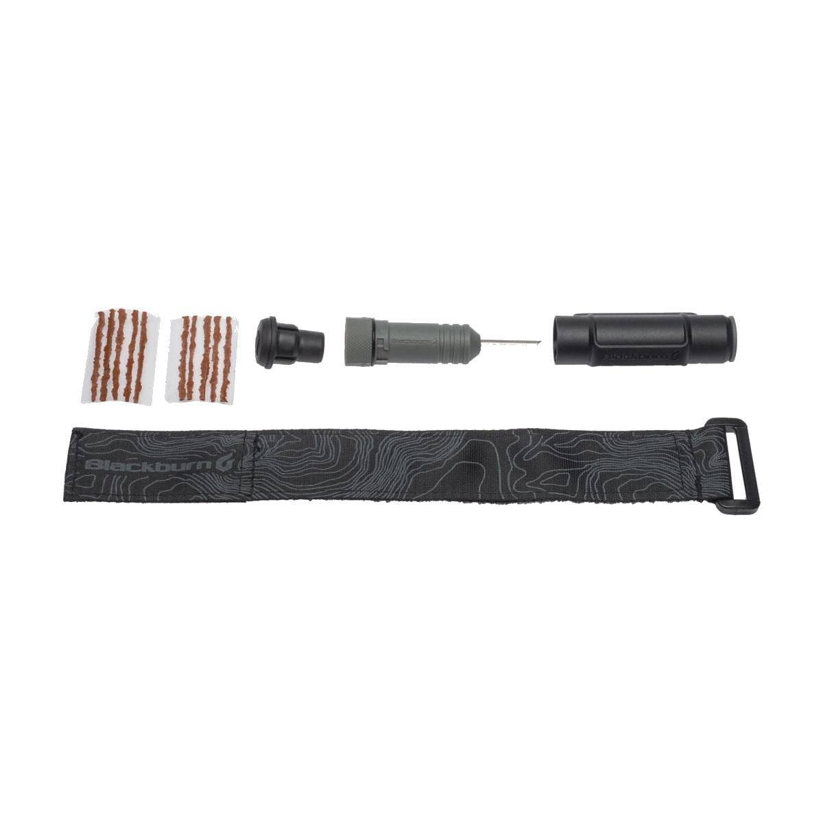 Blackburn tubeless bike tire repair kit with 10 plugs and holster, compact workshop tool for quick puncture fixes.