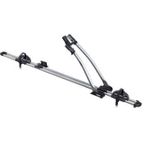 Thule 532 Freeride locking upright roof bike carrier attached to a car roof rack, designed for secure bike transport.