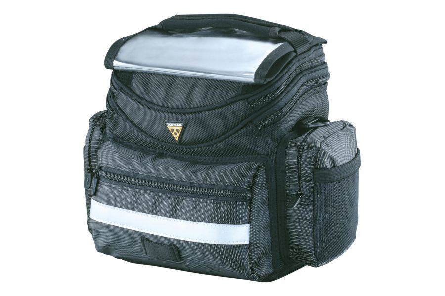 Topeak Tourguide black bike bar bag with quick click bracket and rain cover, designed for cycling accessories.