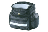 Topeak Tourguide black bike bar bag with quick click bracket and rain cover, designed for cycling accessories.