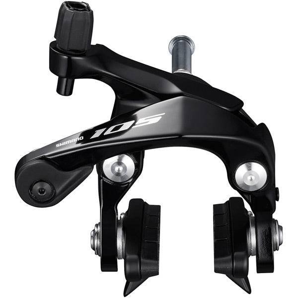 Shimano 105 BR-R7000 road bike brake calipers with 49mm drop and dual-pivot design, showcasing the component's sleek metal finish.