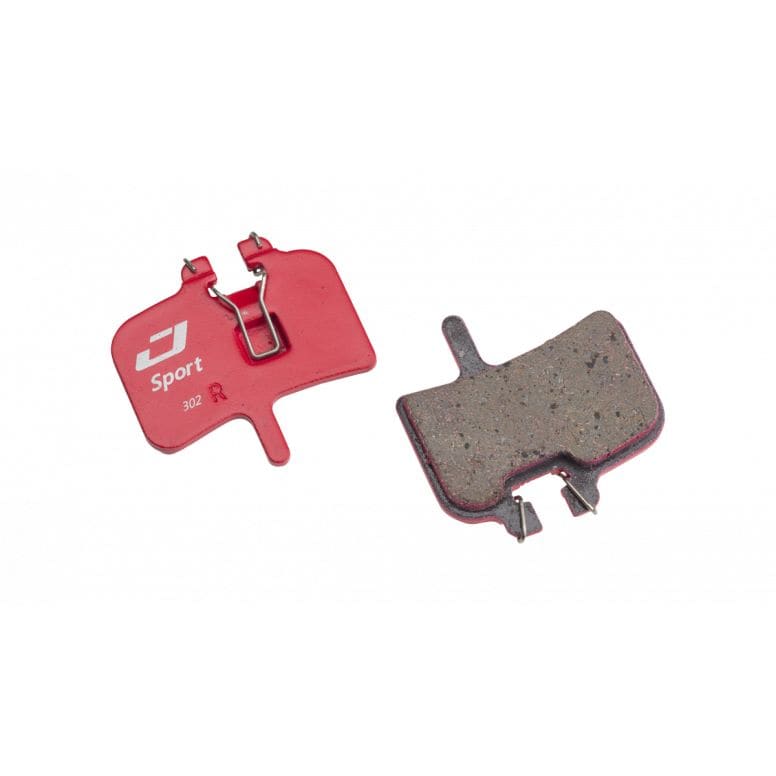 Jagwire Sport semi-metallic disc brake pads for Hayes HFX Red Series mountain bike brakes, showing the brake pad components.
