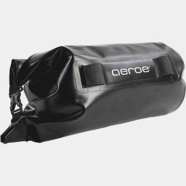 Aeroe 12L waterproof dry bag for bike packing showing durable black waterproof material with quick release system.