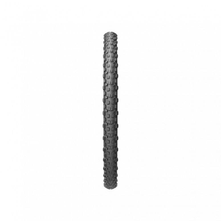 Pirelli Scorpion E-MTB M tyre with SmartGRIP Gravity compound for trail and enduro mountain biking, shown mounted on a bike wheel.