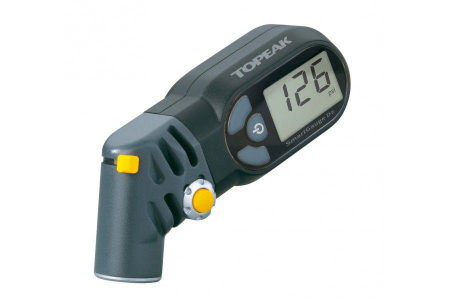 Topeak Smarthead Gauge D2 digital tire pressure gauge for Presta and Schrader valves, showing digital display and ergonomic design.