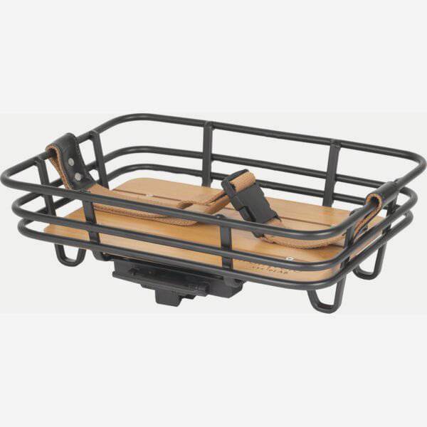AtranVelo EPIC RETRO AVS bike basket with bamboo base and 8L capacity, mounted on a bicycle for carrying essentials.