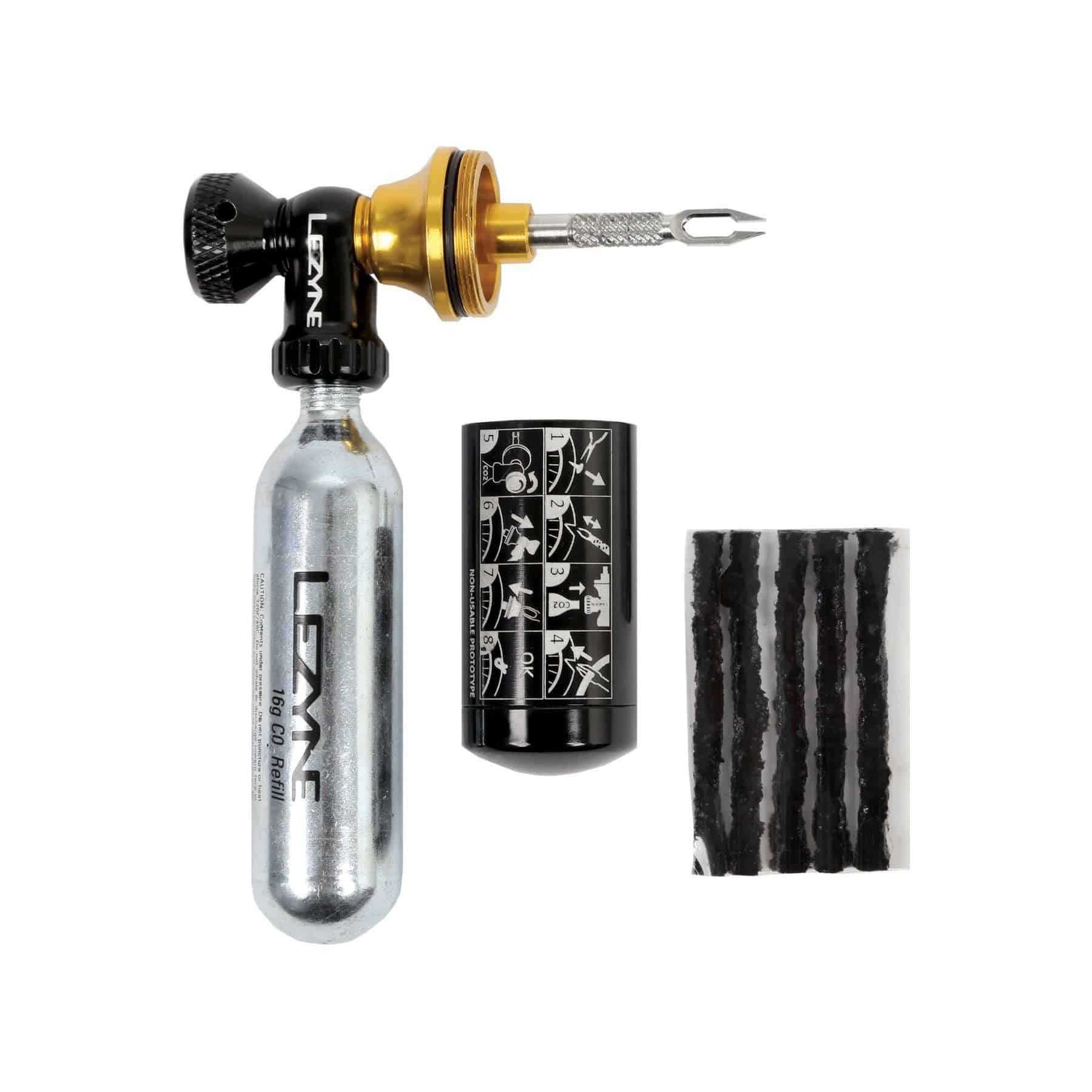 Lezyne Tubeless CO2 Blaster puncture repair tool with plug storage for bike workshop use, compact and easy to carry.