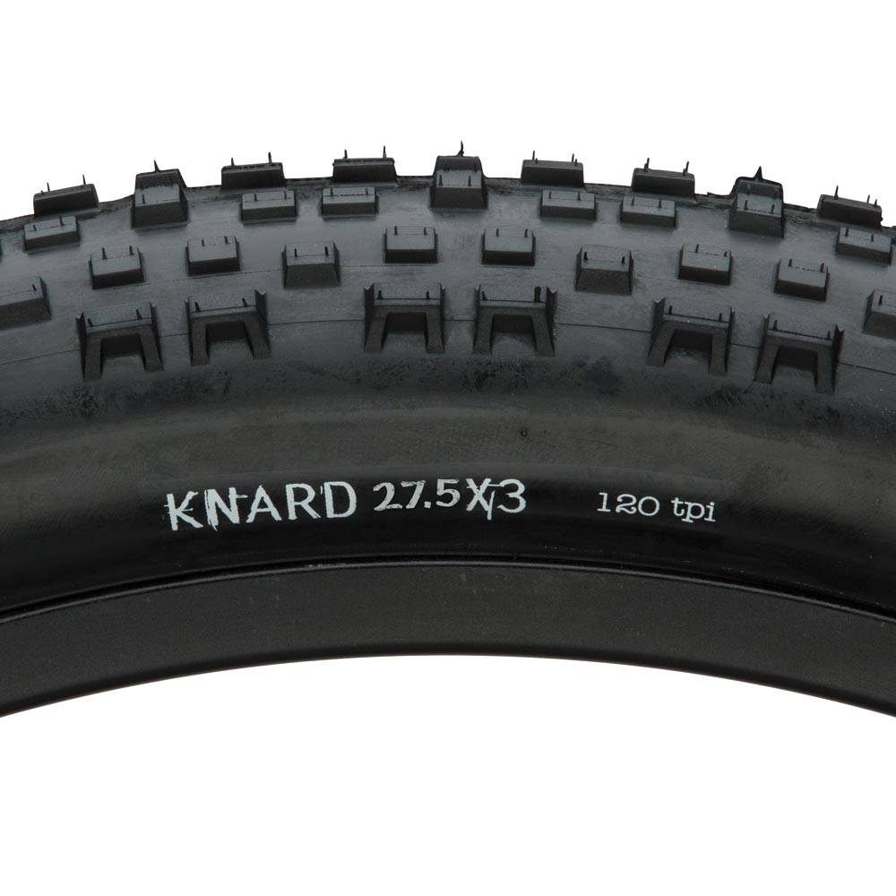 Surly Knard 27.5 x 3 tubeless-compatible mountain bike tyre with fast rolling tread on a rim.