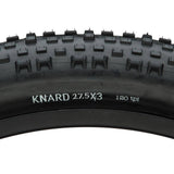 Surly Knard 27.5 x 3 tubeless-compatible mountain bike tyre with fast rolling tread on a rim.