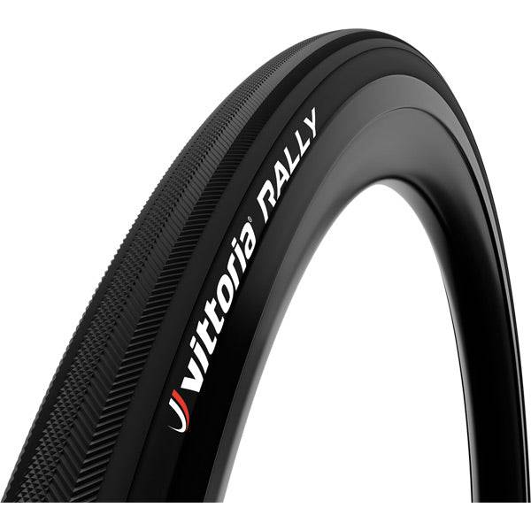 Vittoria Rally Tub RVC tubular road bike tyre shown mounted on a wheel, designed for durable training and road cycling.