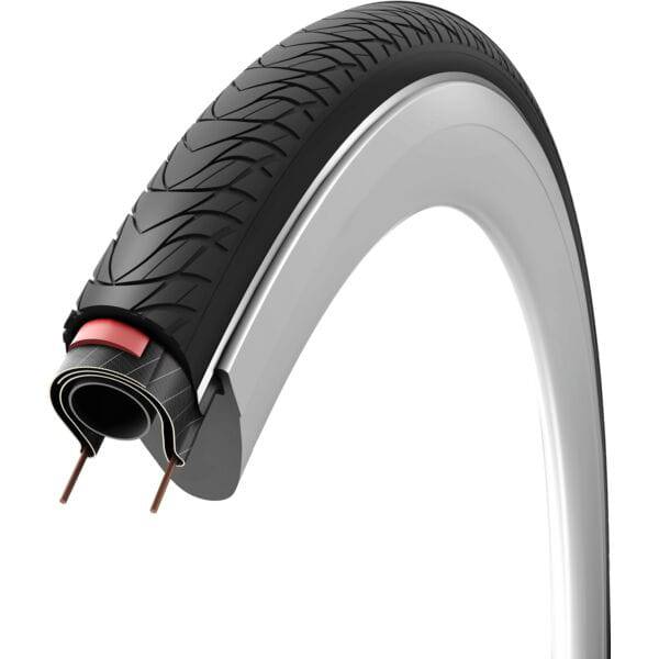Vittoria Urbano reflective urban bike tyre with V-groove tread for commuting, shown mounted on a bicycle wheel.