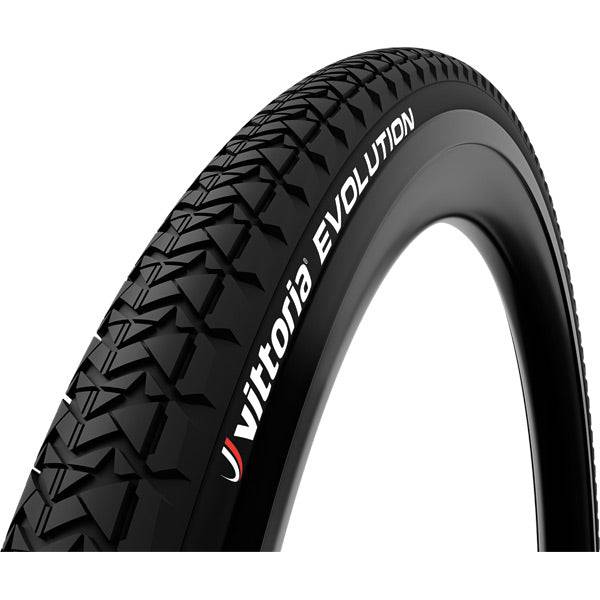 Vittoria Evolution II 29-inch rigid black MTB and city bike tyre with 1.9-inch width, shown on a bike wheel.