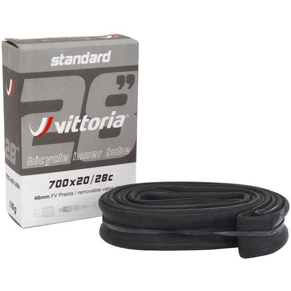 Vittoria Standard RVC butyl inner tube for 700c bikes with Presta valves in 48mm and 60mm lengths, suitable for bicycle components.