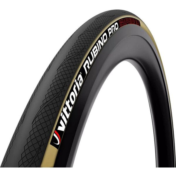 Vittoria Rubino Pro IV G2.0 foldable road bike clincher tyre with black sidewalls and tan tread, designed for performance cycling.
