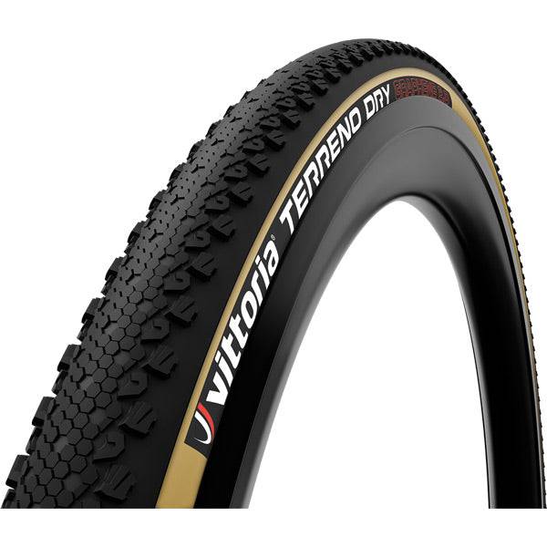 Vittoria Terreno Dry Gravel G2.0 TLR tubeless ready tyre for cyclocross, shown mounted on a bicycle wheel.