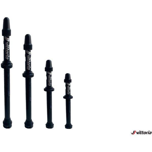 Two Vittoria brass tubeless Presta valve set with removable cores, 60mm length, for bicycle wheels.