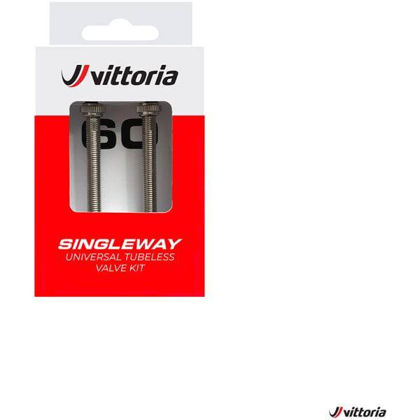 Two Vittoria brass tubeless valve set with 60mm Presta valves and removable cores for bicycle wheels.