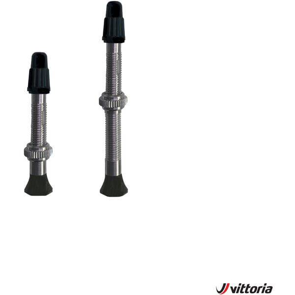 Vittoria brass tubeless valve set with 60mm Presta valves and removable cores, two-piece component for bike tires.
