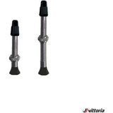 Vittoria brass tubeless valve set with 60mm Presta valves and removable cores, two-piece component for bike tires.