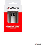 Two Vittoria brass tubeless valve set with 60mm Presta valves and removable cores for bicycle wheels.