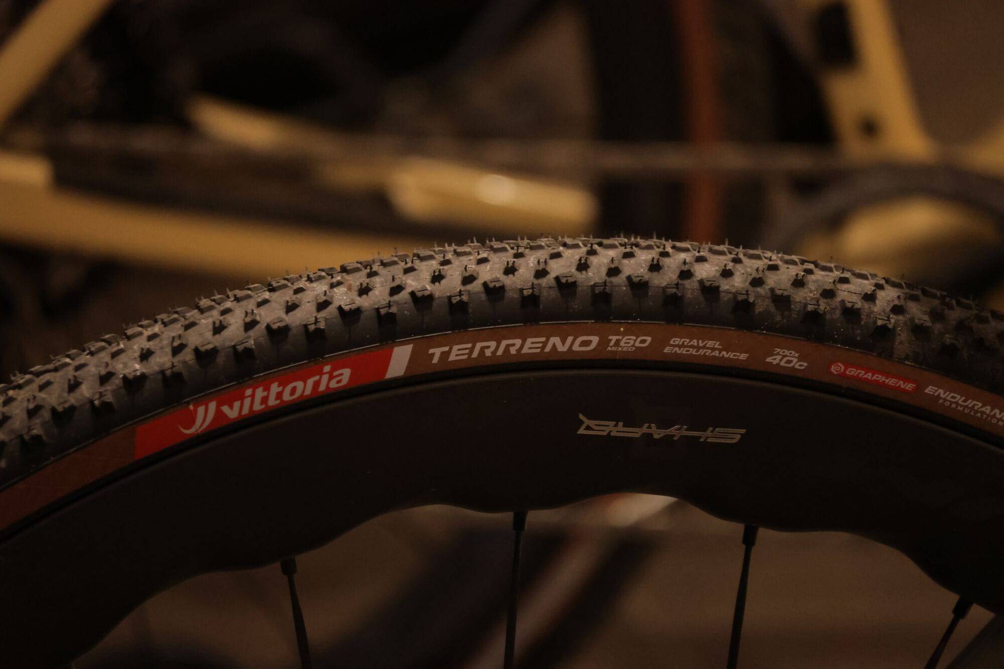 Vittoria Terreno T60 mixed gravel endurance tubeless ready tyre 700x40c, showing textured tread and sidewall details.