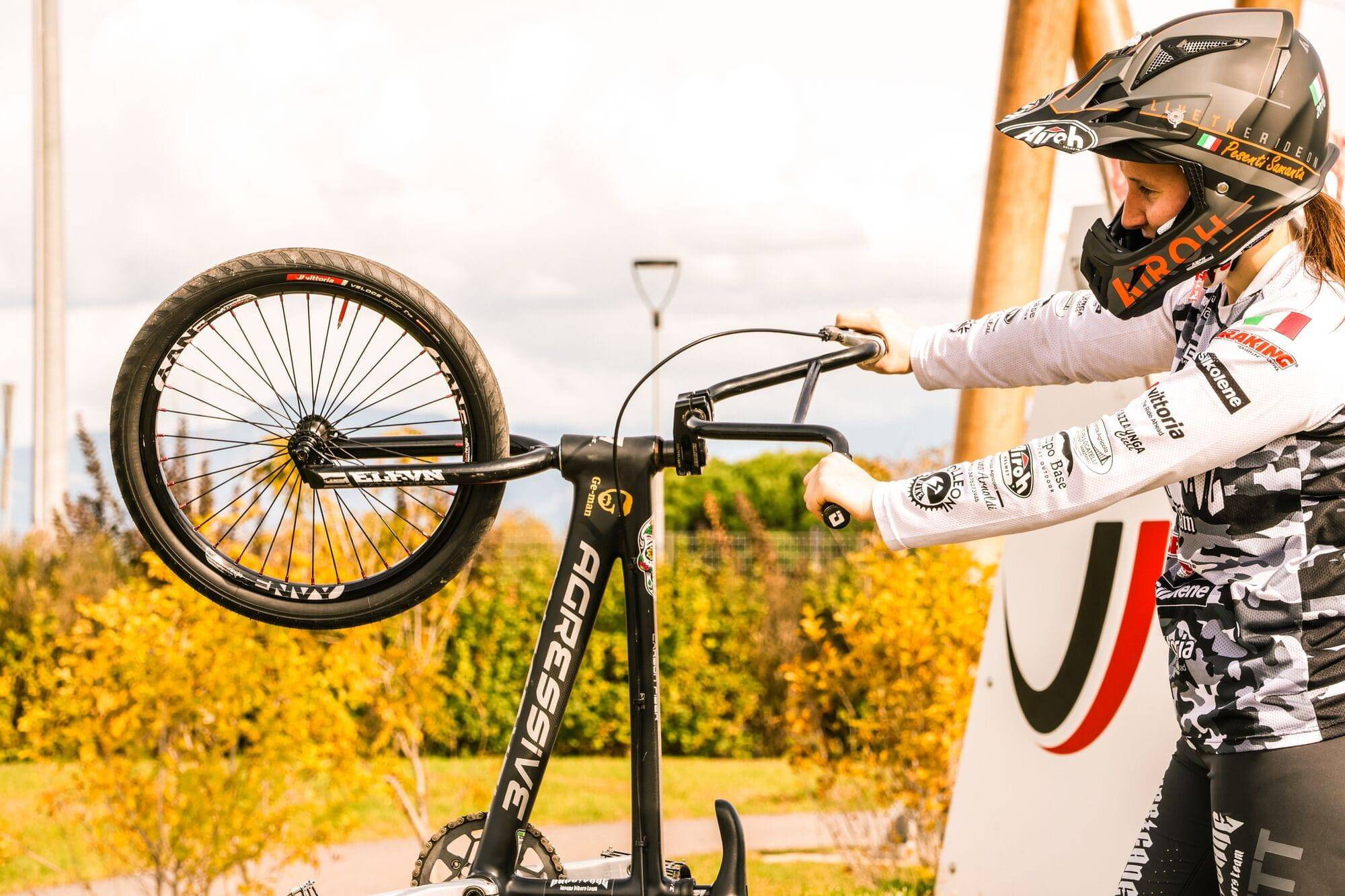 Vittoria Veloce BMX tyre in 20x1.75 size showing textured tread for speed, grip, and pump track racing on a bicycle wheel.