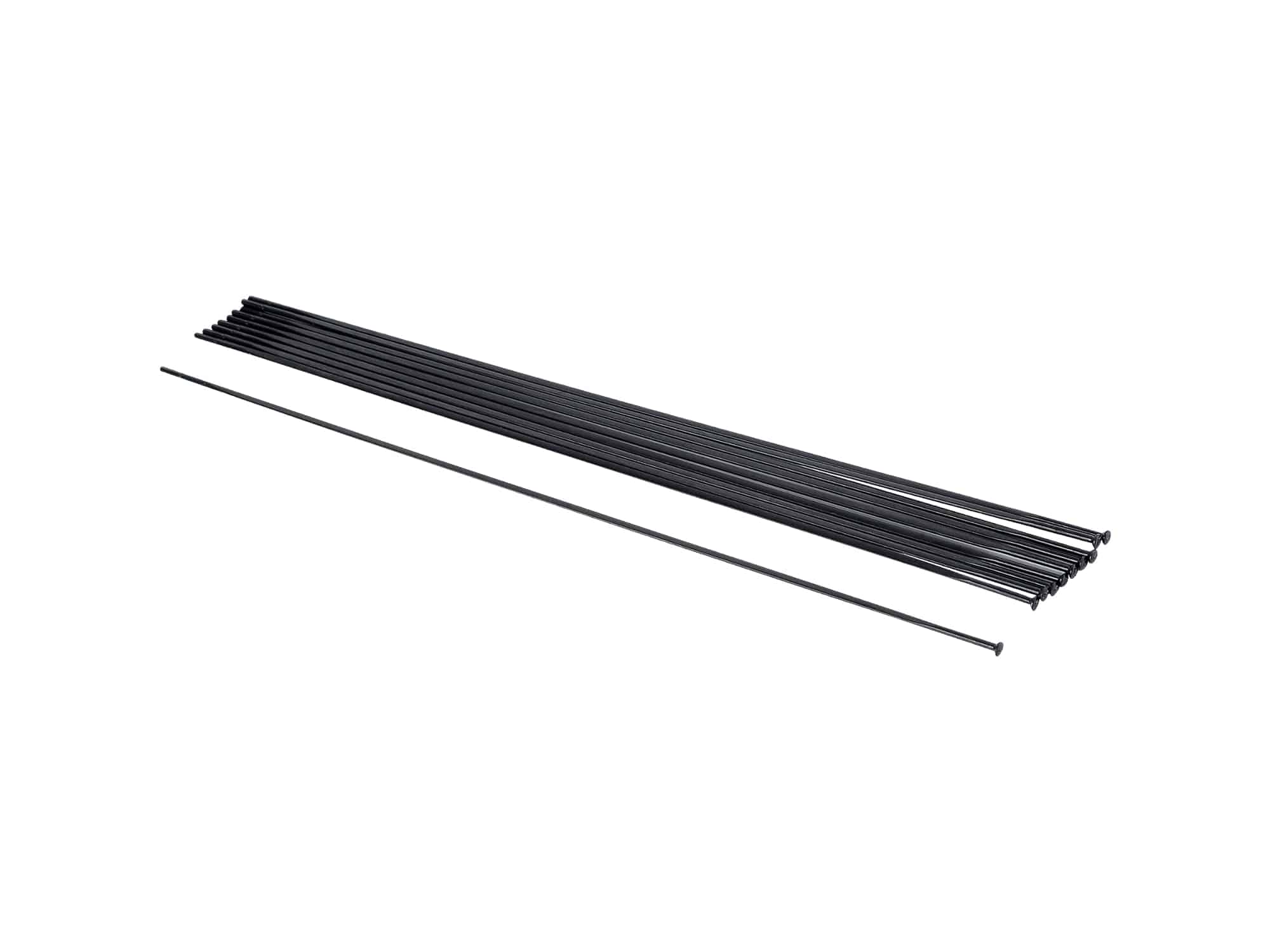 Black Bontrager DT Aero Comp Bladed T-Head Spokes, 276mm length, for road bike wheels, shown in a box of 10.