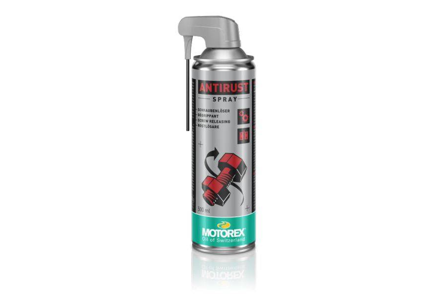Motorex Anti-Rust Spray in silver and green bottle, 500ml, used for rust protection and metal maintenance in workshops.