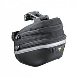 Topeak Wedge II Black micro bike seat pack with quick release mount and reflective strips attached to a bike saddle