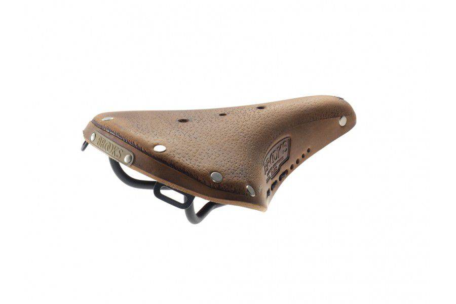 Brooks B17 Softened Tan Leather Bike Saddle with Steel Rails, showing the classic leather saddle with detailed stitching and steel rails.