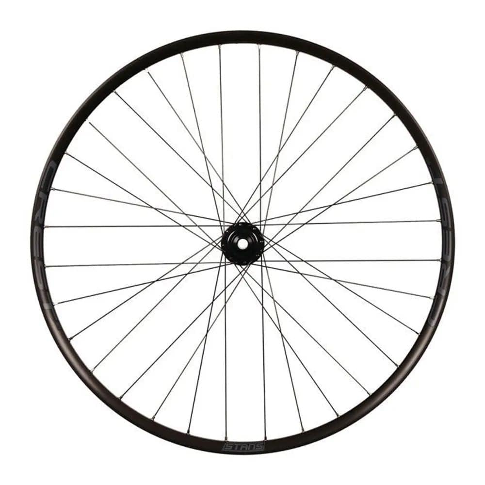 Stan's No Tubes Crest S2 29-inch front wheel with tubeless-ready design, 15x110 boost hub for XC and gravel biking.