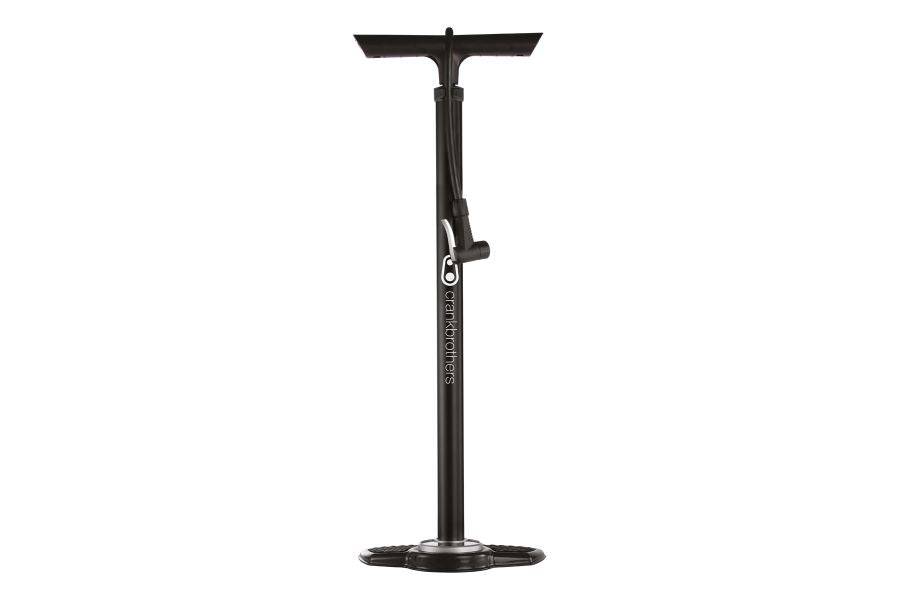 Crankbrothers Sapphire black floor pump with universal Presta/Schrader head and analog pressure gauge for bicycle tires.