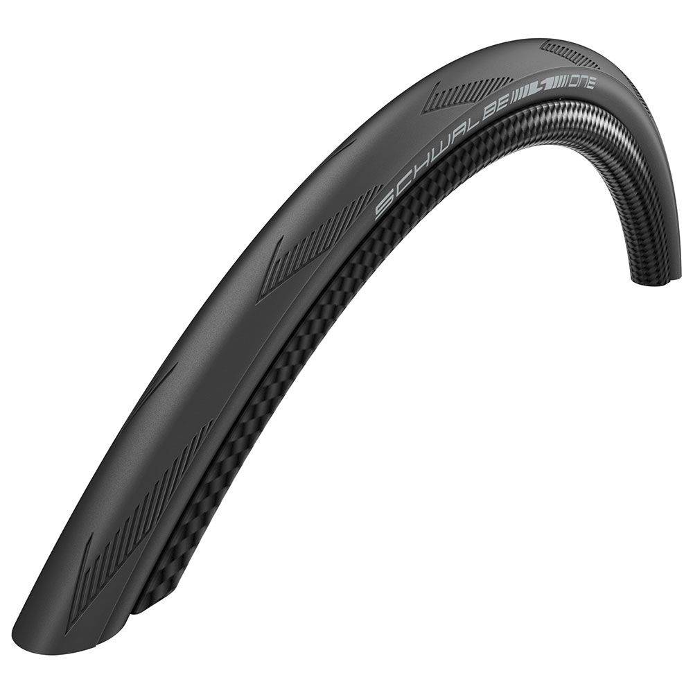 Schwalbe One Performance Raceguard tubeless E-bike ready tire, 700x25, for road cycling with sleek black rubber tread.
